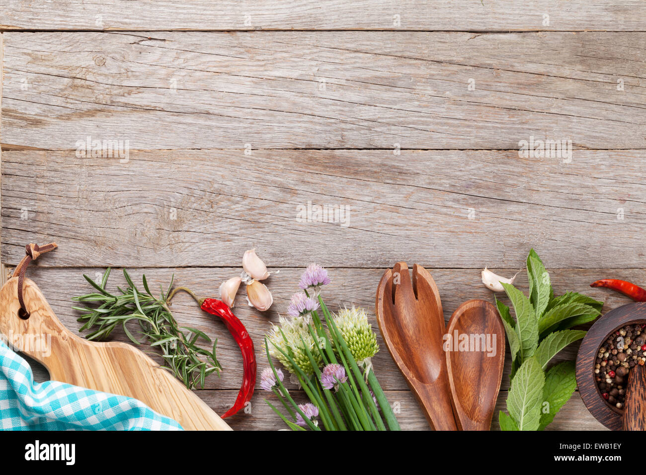 Fresh herbs on garden table. Top view with copy space Stock Photo Alamy