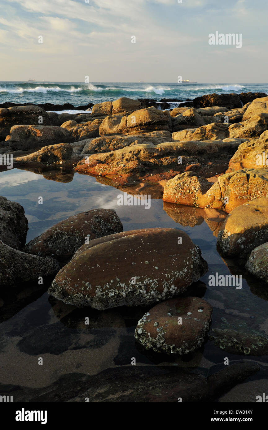 Cloud reflections on still tide pool water next to weathered rocks bathed in golden sunlight of early morning, Umhlanga Rocks, KwaZulu-Natal Stock Photo