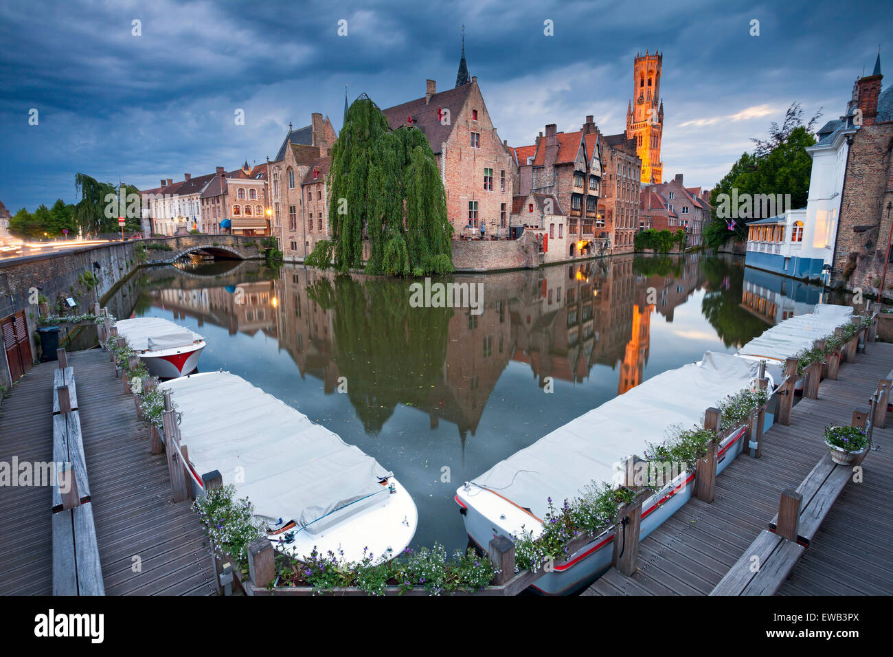 Bruges. Image of famous most photographed location in Bruges, Belgium during twilight blue hour. Stock Photo