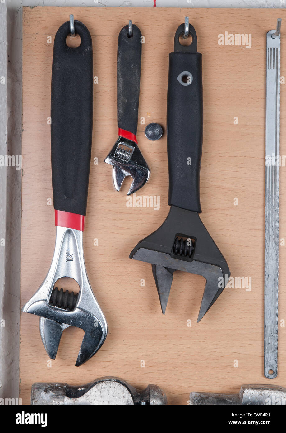 Spanners in line at a mechanic garage Stock Photo Alamy