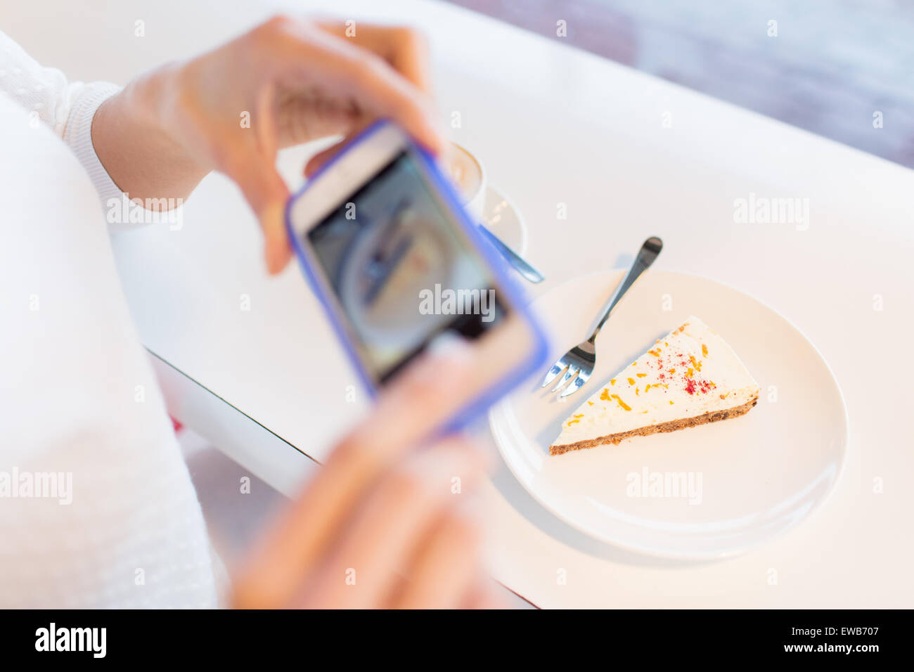 woman hands with smartphone taking food picture Stock Photo