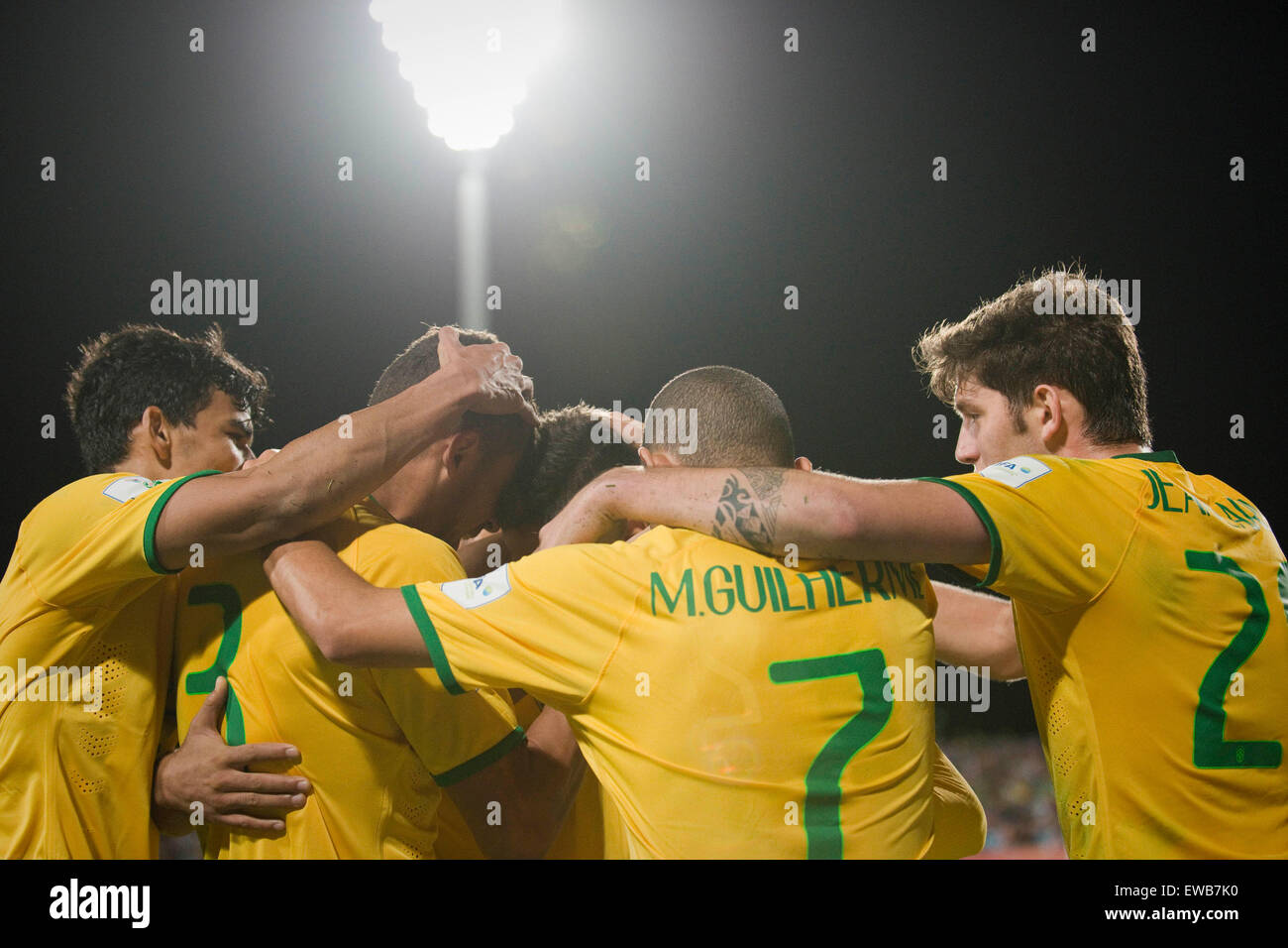 Auckland, New Zealand, Feature. 20th June, 2015. Auckland, New Zealand - June 20, 2015 - Jean Carlos of Brazil (R) and his teammates celebrating a goal during the FIFA U20 World Cup final match between Brazil and Serbia at North Harbour Stadium on June 20, 2015 in Auckland, New Zealand, Feature. Credit:  dpa/Alamy Live News Stock Photo