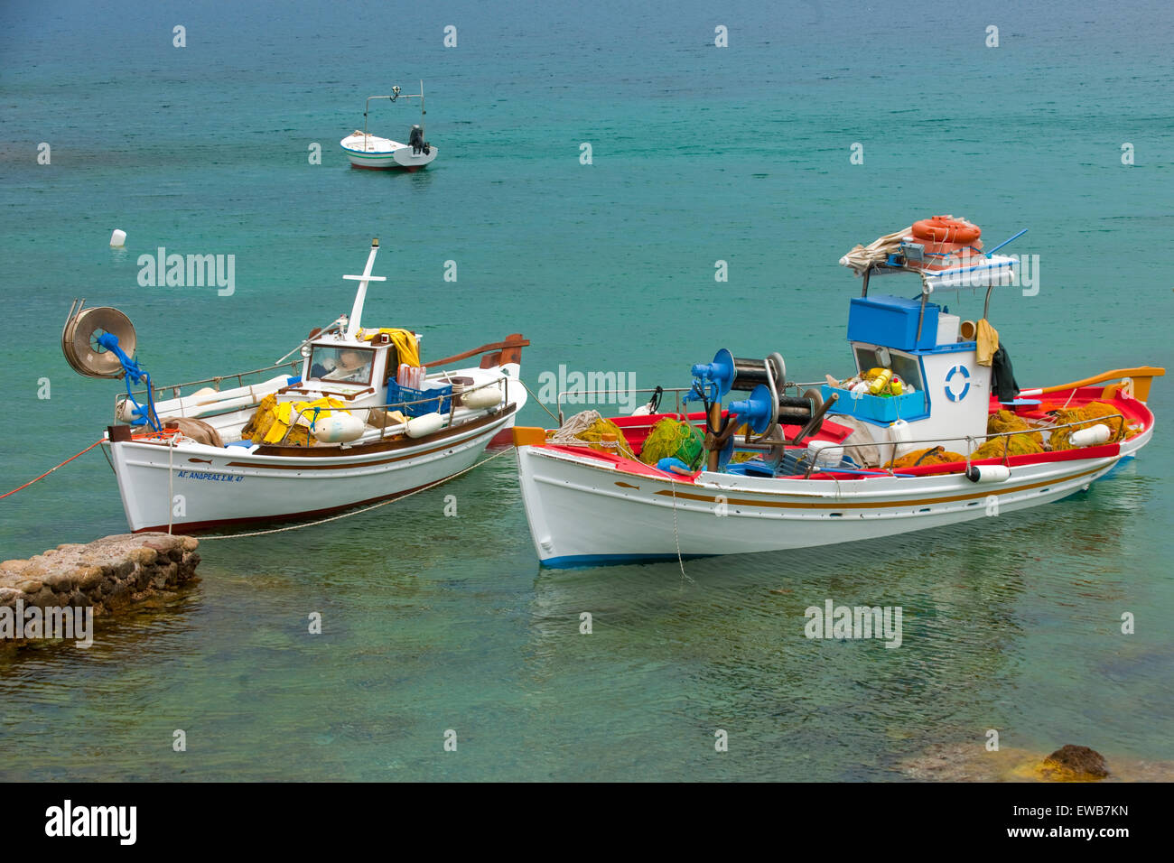 Griechenland, Kykladen, Mykonos, Mykonos-Stadt ( Chora ), Fischerboote im alten Hafen. Stock Photo