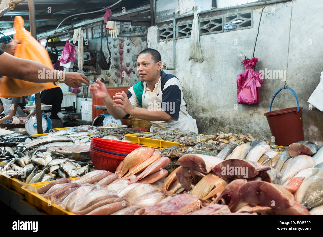 A fishmonger at Chow Kit night market in Kuala Lumpur, Malaysia Stock Photo