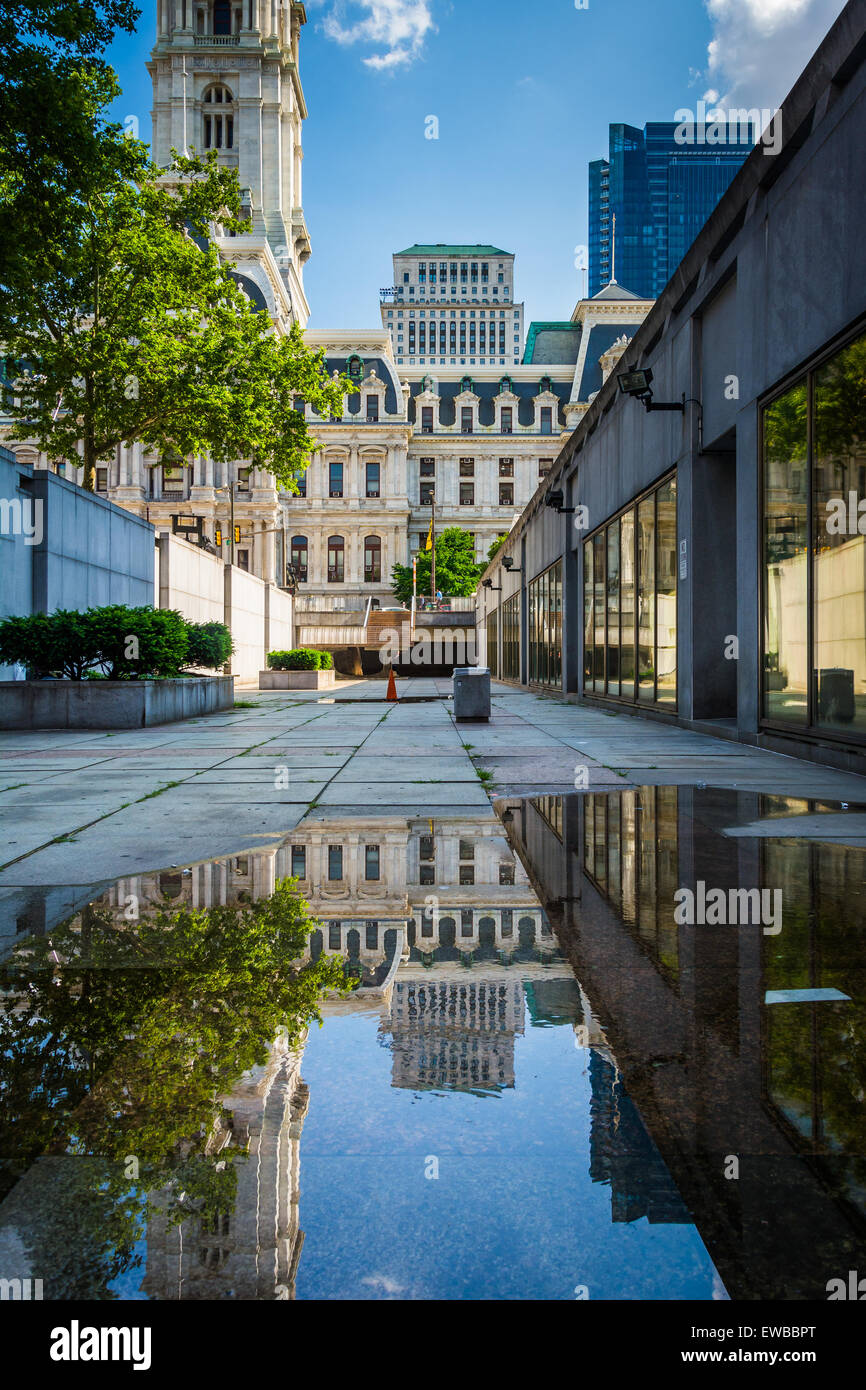 Buildings reflecting in a puddle in Center City, Philadelphia ...