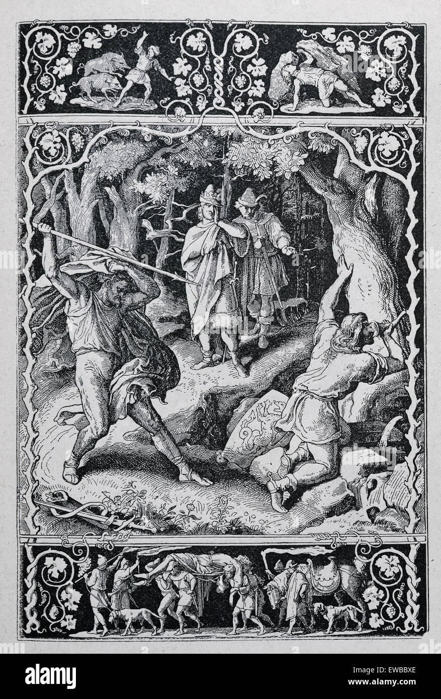 Nibelungenlied. 13th century. Anonymous German epic poem based on the legends of Siegfried and the people of the Nibelungs. First part. Chant XVI. Siegfried killed by Hagen while hunting. Engraving, 19th century. Stock Photo