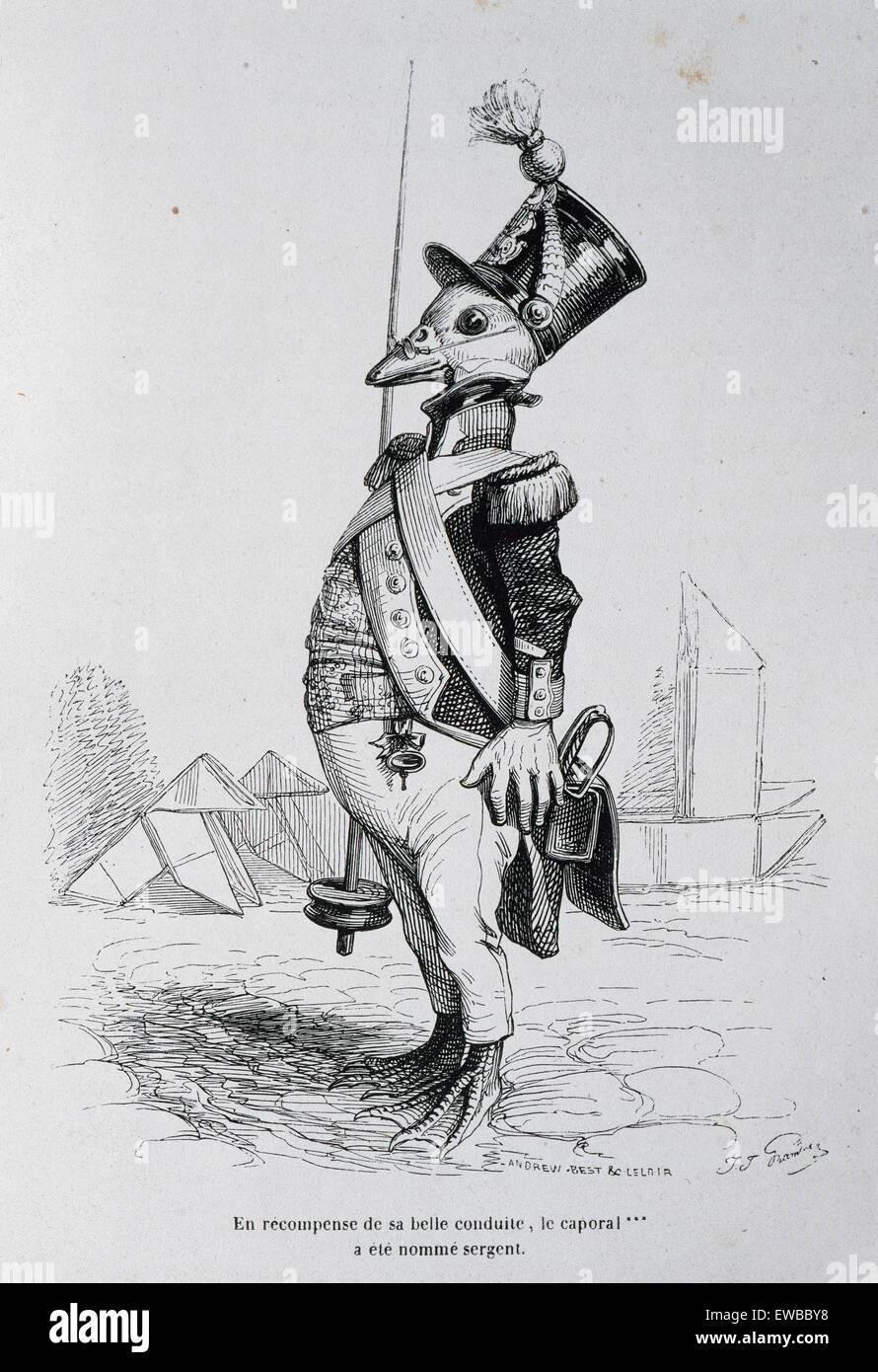 J.J. Grandville (pseudonym of Jean Ignace Isidore Gerard) (1803-1847). French caricaturist. The private and public life of animals. Satire of French society of 1840 through the eyes of animals. Satiric lithography. Paris, edited by J. Hetzel, 1842. Stock Photo
