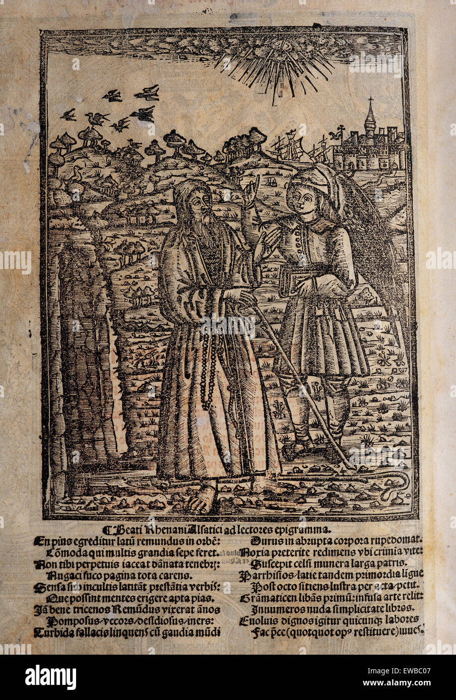 Ramon Llull (1235-1316). Spanish writer and philosopher. Blanquerna, ca. 1293. Engraving of the back cover with Llull and a disciple. Beati Rhenani Alfatici ad lectores epigramma. Folio in Latin. Stock Photo
