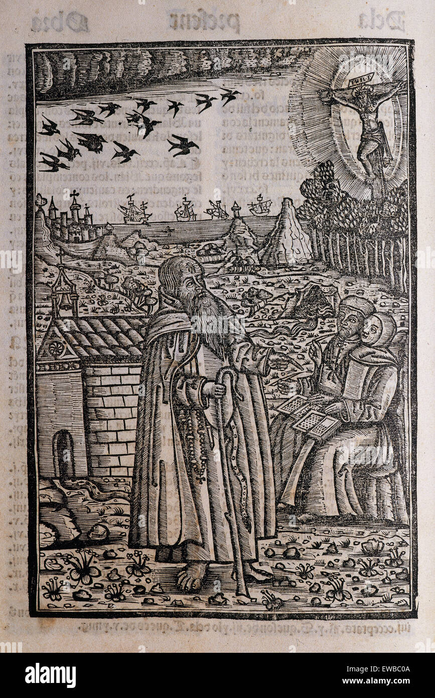 Ramon Llull (1235-1316). Spanish writer and philosopher. Blanquerna, ca. 1293. Engraving depicting Ramon Llull preaching or talking to two people or disciples. Stock Photo