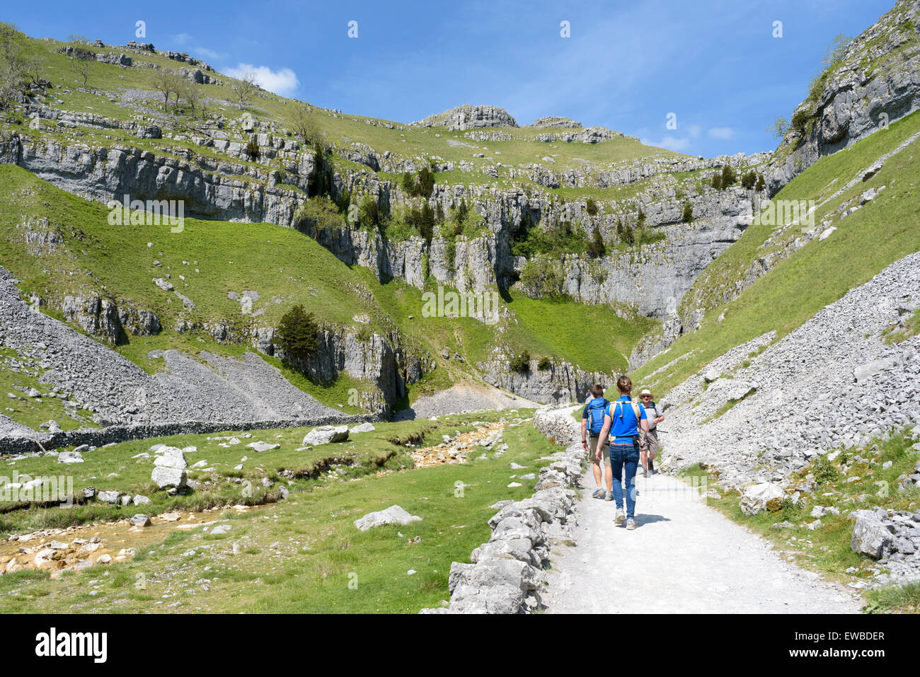Limestone Ravines Walkers on their way to Gordale Scar, a limestone ravine near Malham ...