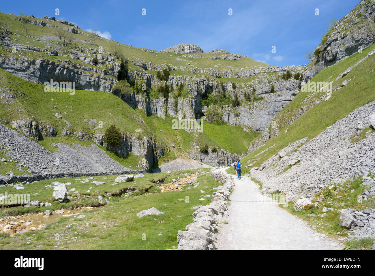 Limestone Ravines Walkers on their way to Gordale Scar, a limestone ravine near Malham ...