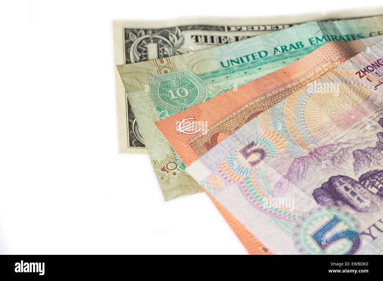 Chinese Renminbi, Euro, UAE Dirham and US Dollar Banknotes isolated on white background Stock Photo