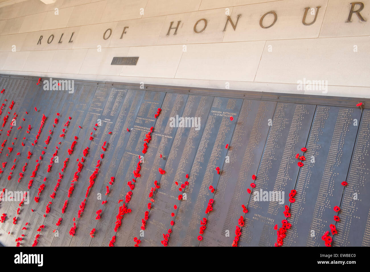 Roll of Honour with Poppies and names of soldiers who perished in various wars at the Australian War Memorial in Canberra,ACT Stock Photo