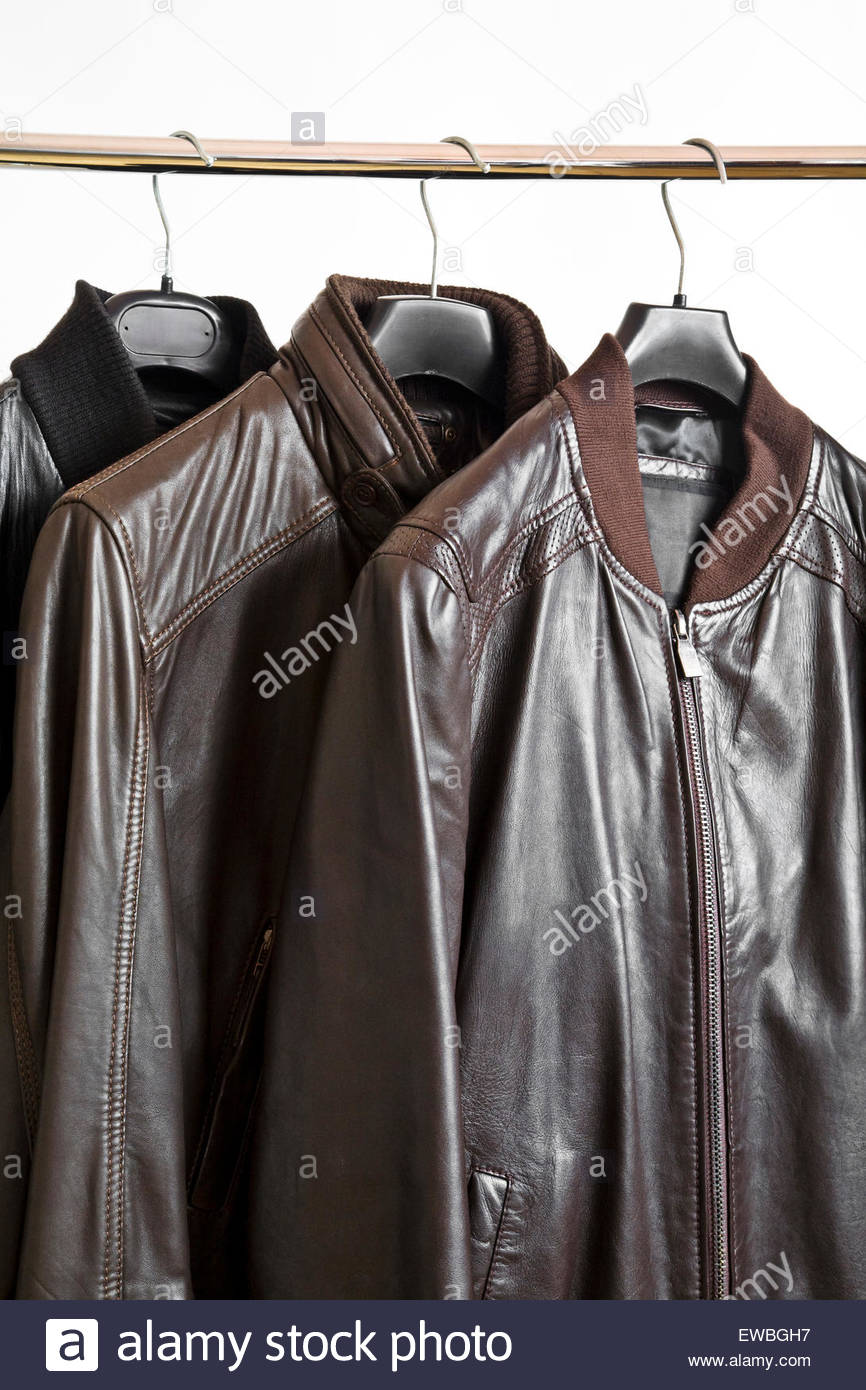 Black Leather Jacket Hanging On High Resolution Stock Photography and