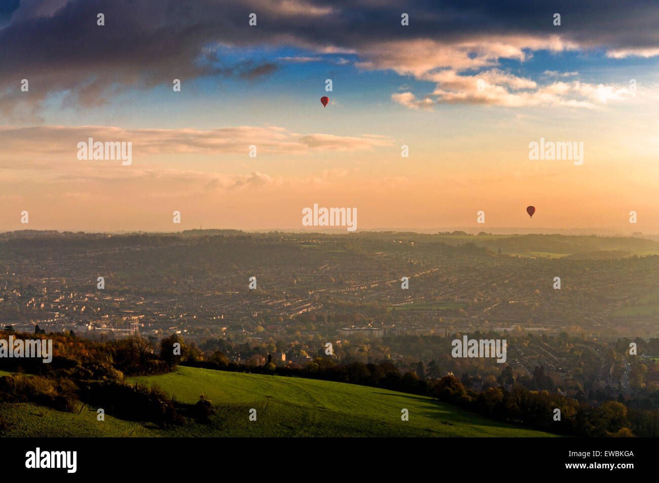 View from Lansdown with hot air balloons over Bath, Somerset, England,UK Stock Photo