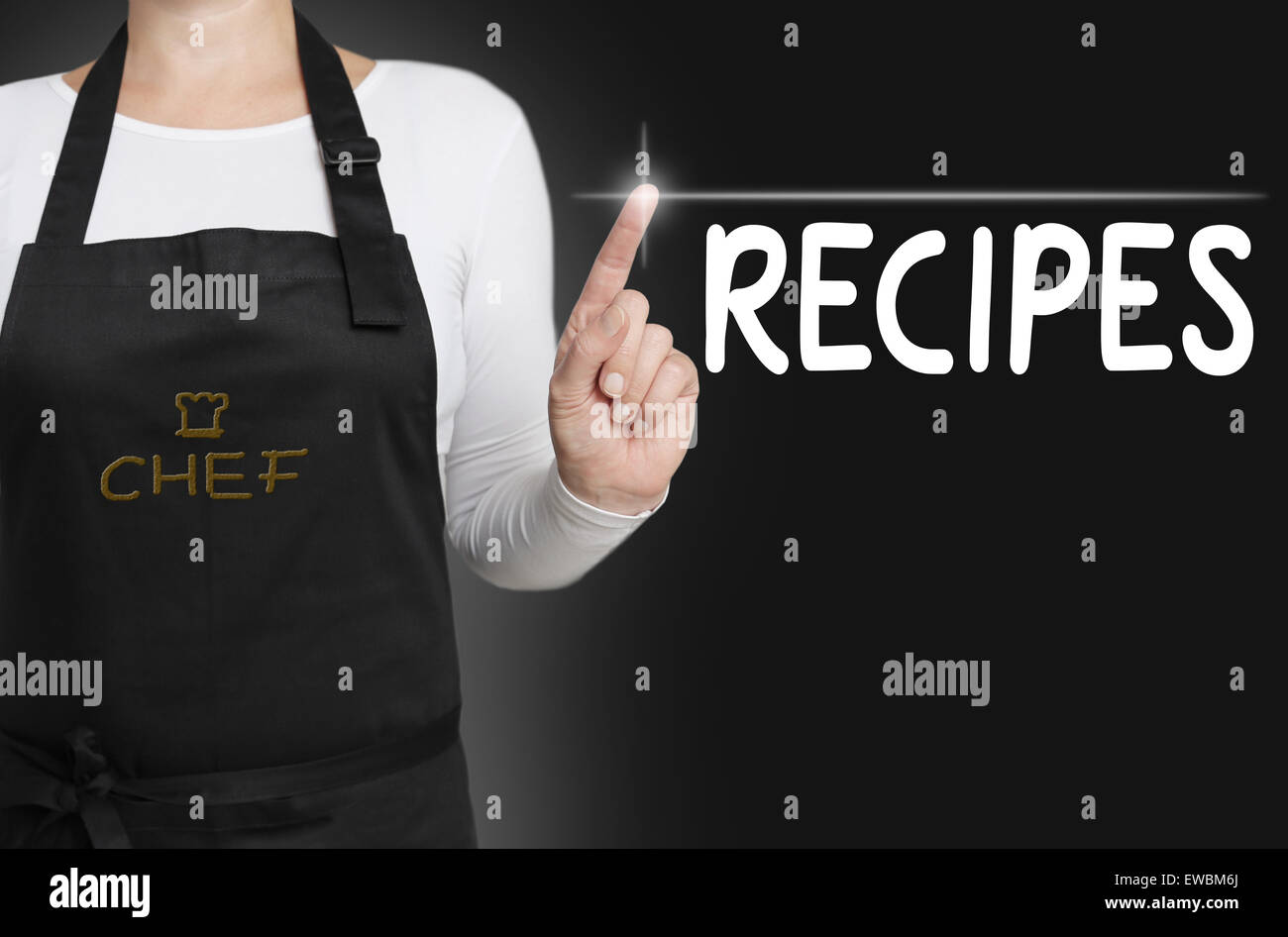 Recipes touchscreen is operated by chef. Stock Photo