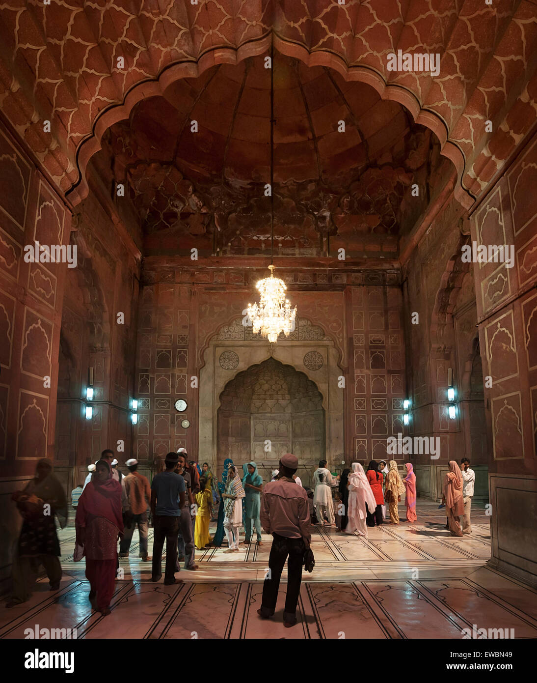 Interior of Jama Masjid mosque at night during Ramadan. Old Delhi, India. Stock Photo