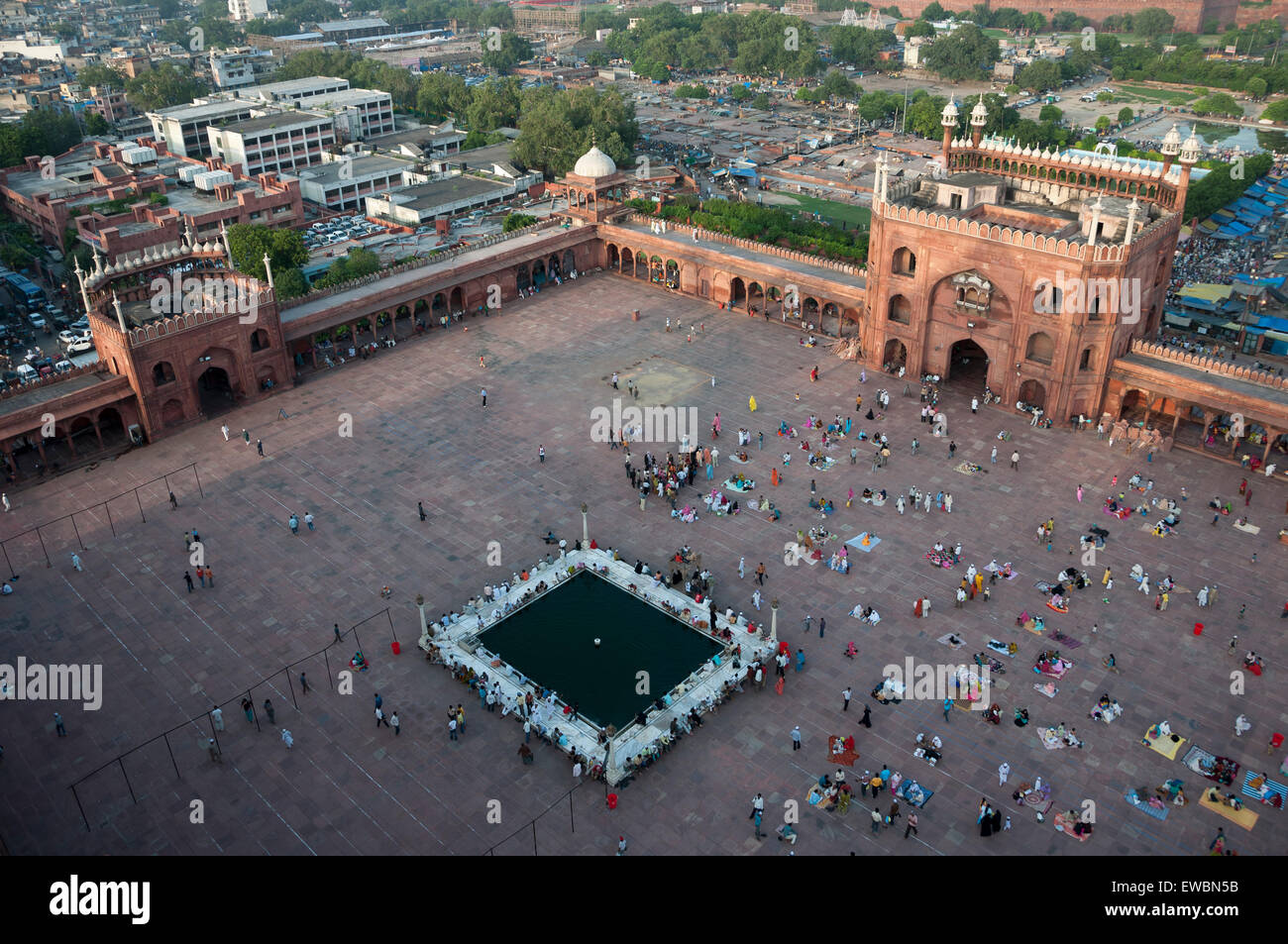 Ablution pond at the Jama Masjid mosque in old Delhi, India, seen from one of the minarets of the mosque. Stock Photo