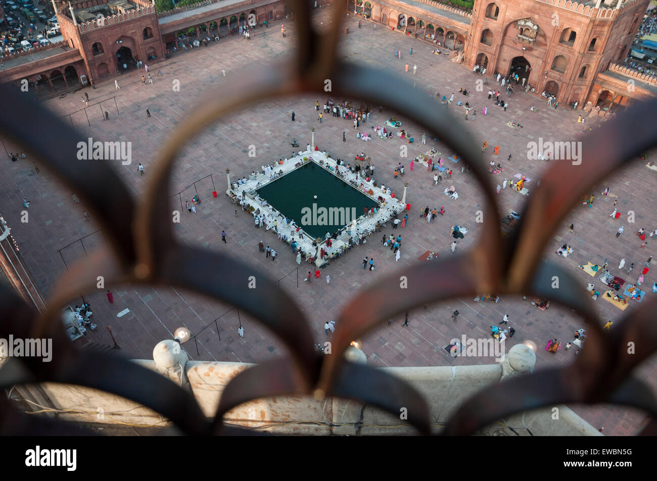 Ablution pond at the Jama Masjid mosque in old Delhi, India, seen from one of the minarets of the mosque. Stock Photo
