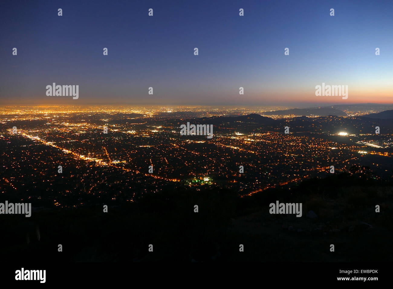Aerial night view of Pasadena and Los Angeles in Southern California. Stock Photo