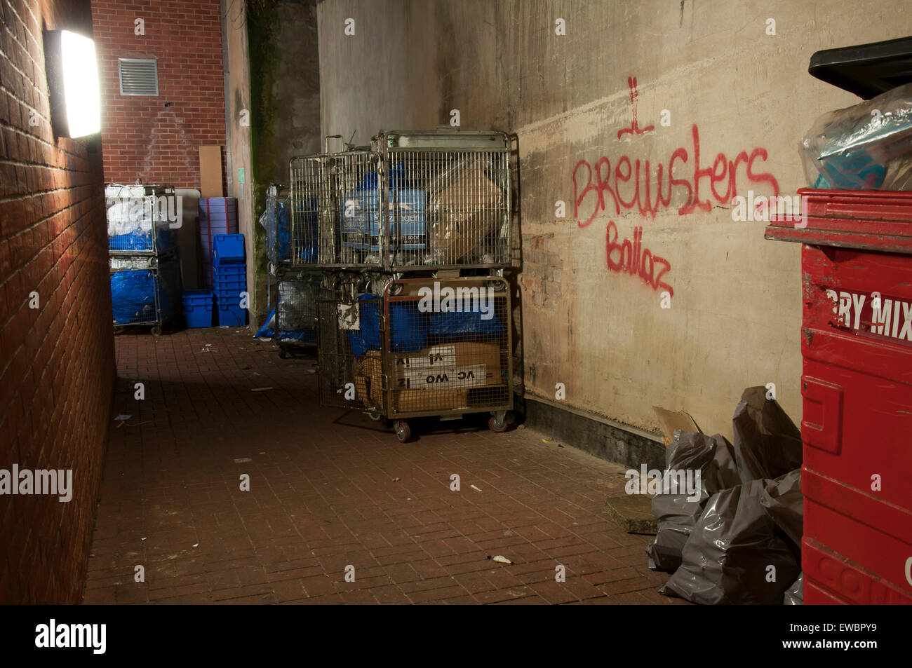 Bins in a back alley in Nottingham City at night, Nottinghamshire