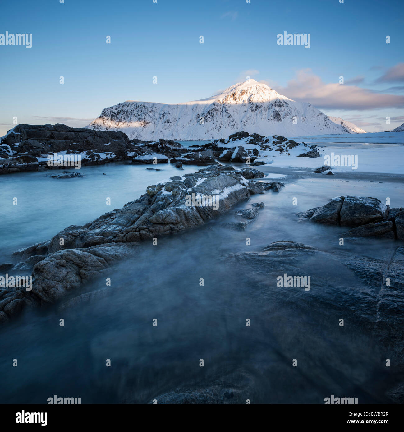 Tital rocks at Skagsanden beach in winter, Flakstadøy, Lofoten Islands, Norway Stock Photo