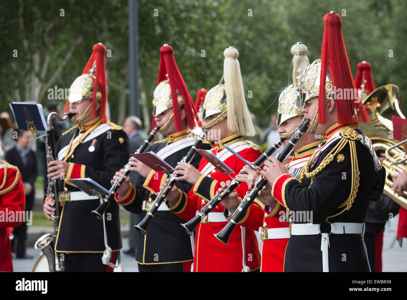 London, UK. 22 June 2015. A marching band at the event. Boris Johnson, the Mayor of London, and London Assembly members joined British Armed Forces personnel for a flag raising ceremony at City Hall to honour the bravery and commitment of service personnel past and present ahead of Armed Forces Day. Credit:  Nick Savage/Alamy Live News Stock Photo