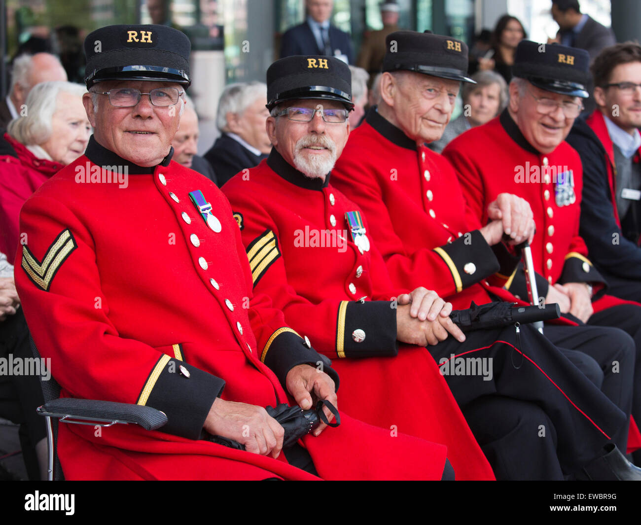 London, UK. 22 June 2015. Four Chelsea Pensioners joined other guests at the event. Boris Johnson, the Mayor of London, and London Assembly members joined British Armed Forces personnel for a flag raising ceremony at City Hall to honour the bravery and commitment of service personnel past and present ahead of Armed Forces Day. Credit:  Nick Savage/Alamy Live News Stock Photo
