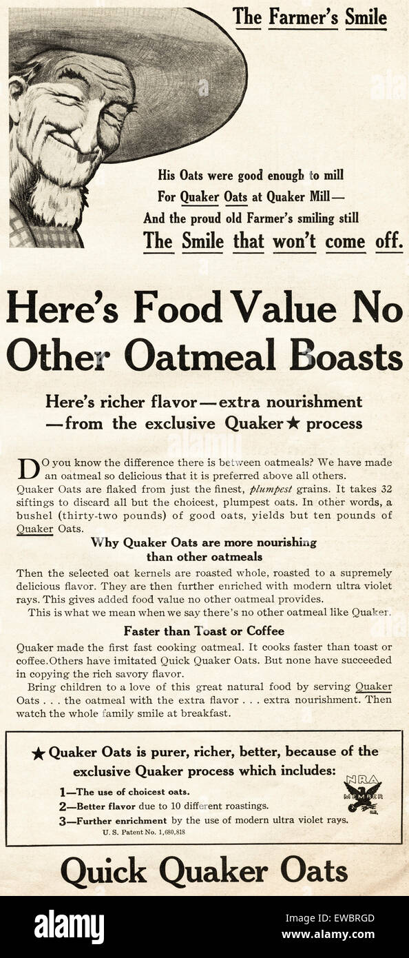 1930s Vintage American magazine advertisement dated November 1933 advertising QUAKER OATS oatmeal Stock Photo