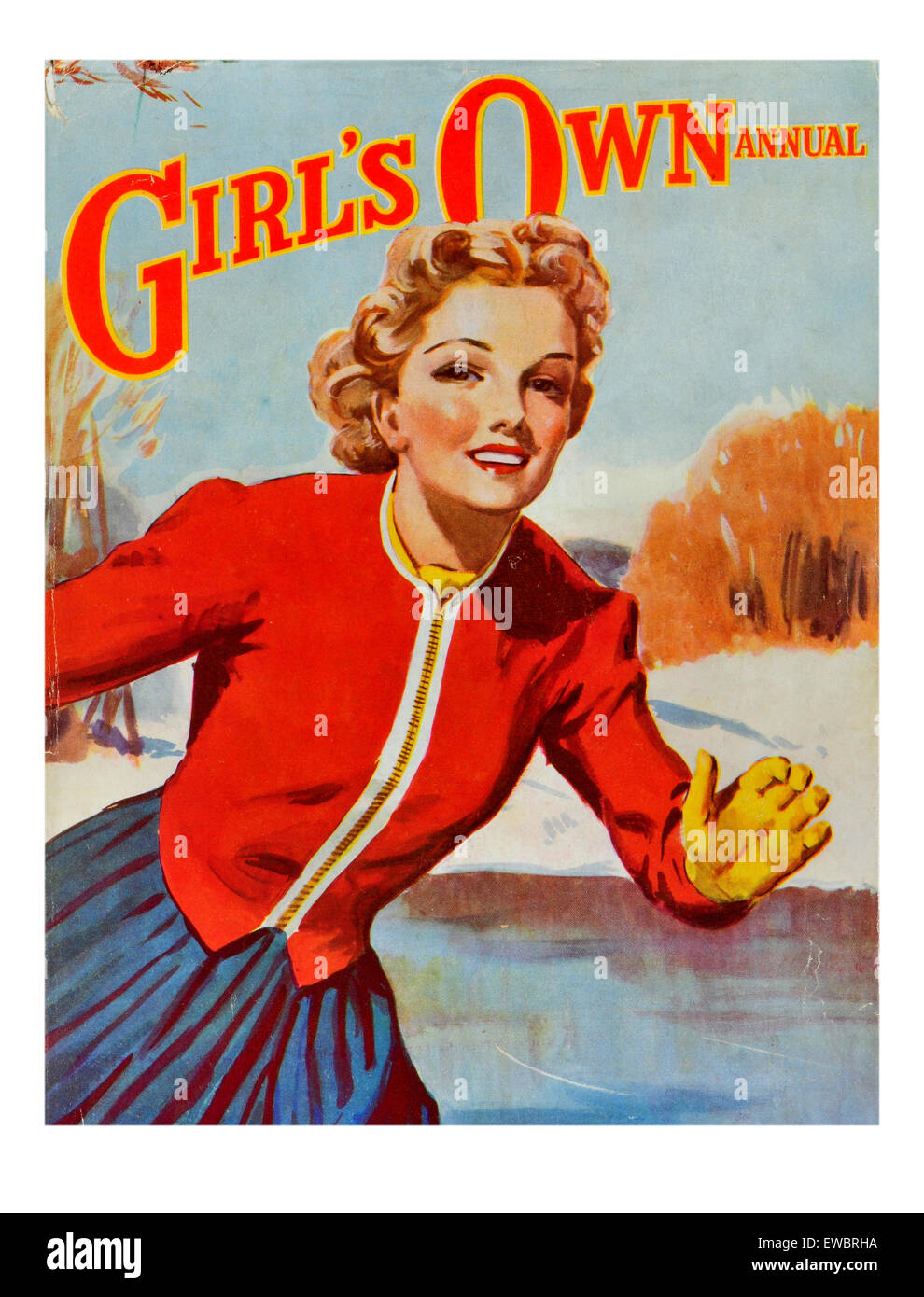 Girls own annual illustration of woman ice skating on a frozen lake in winter Stock Photo
