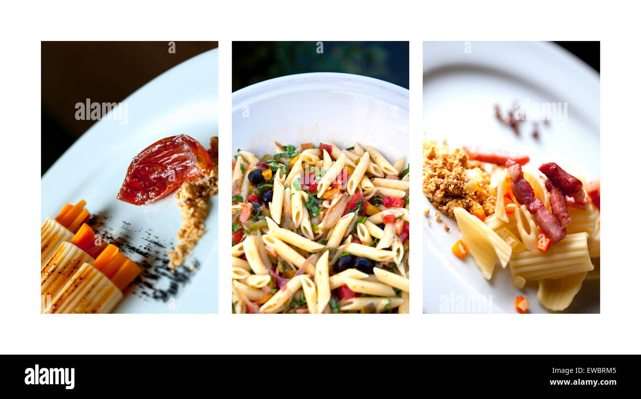 Various pasta dishes and recipes on a collage Stock Photo