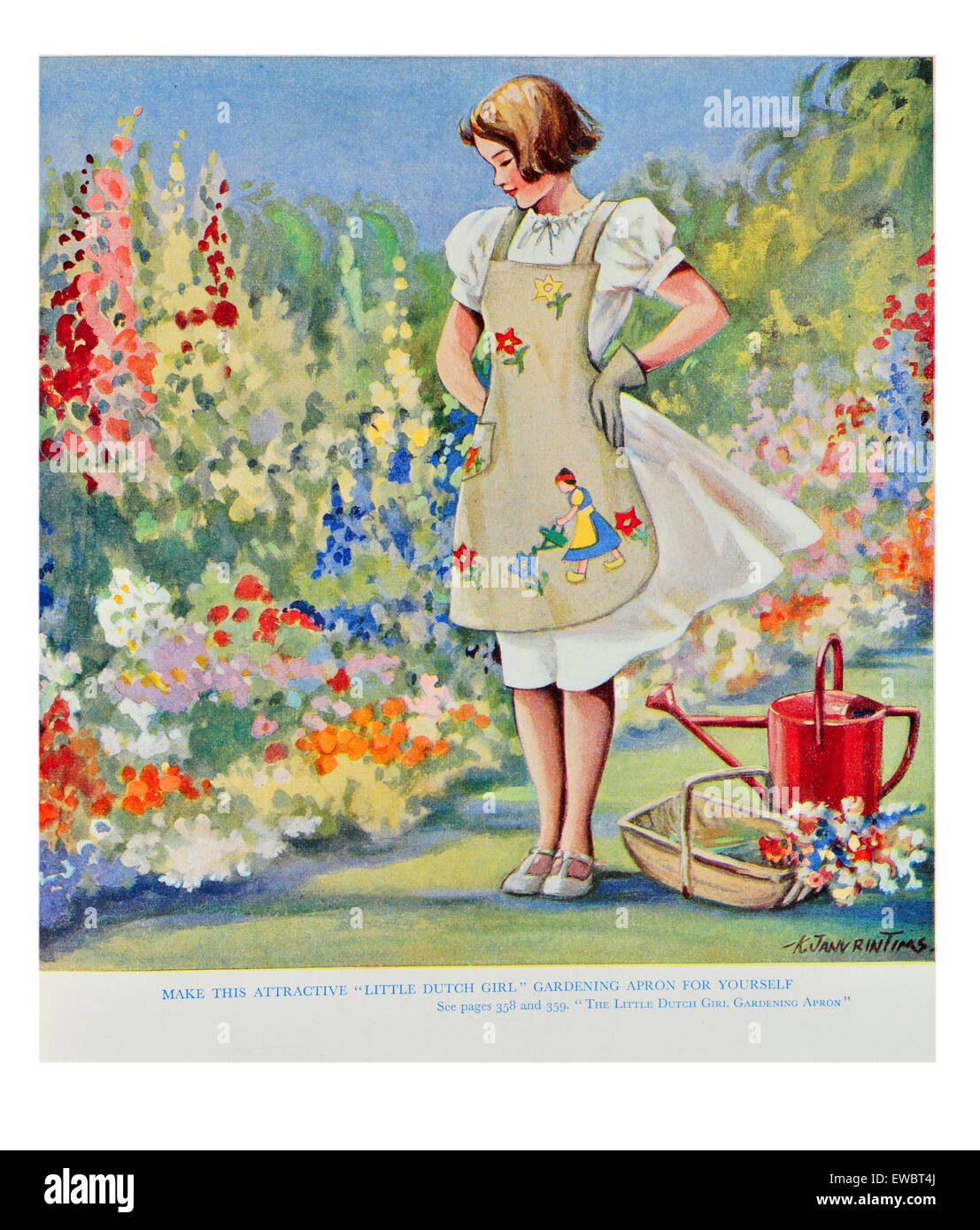 Portrait of woman in a colourful summer garden wearing an apron with a basket and watering can Stock Photo