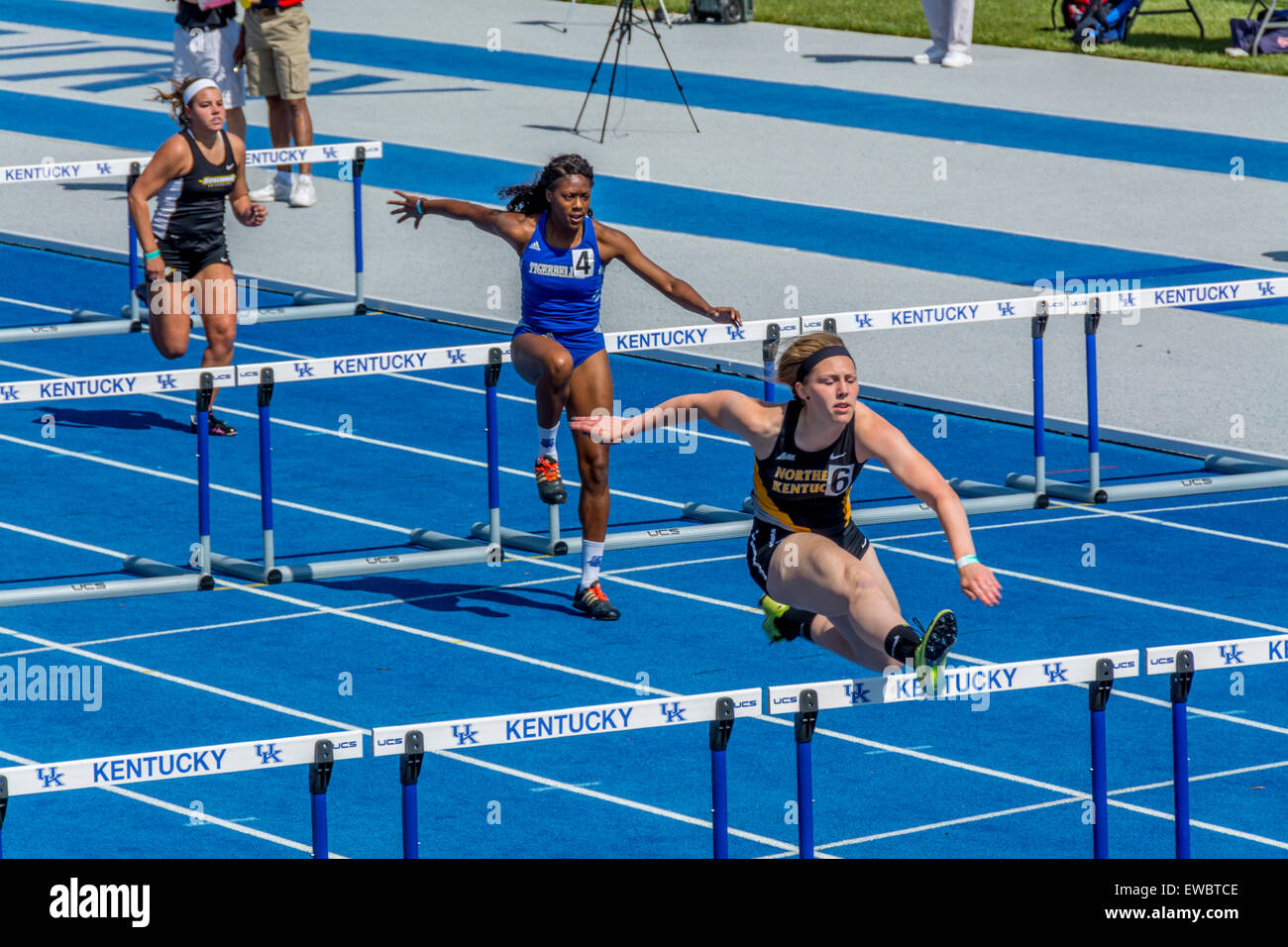 Hurdles for women at the Kentucky Relays.  This was held at the University of Kentucky with outdoor track and field competitive Stock Photo