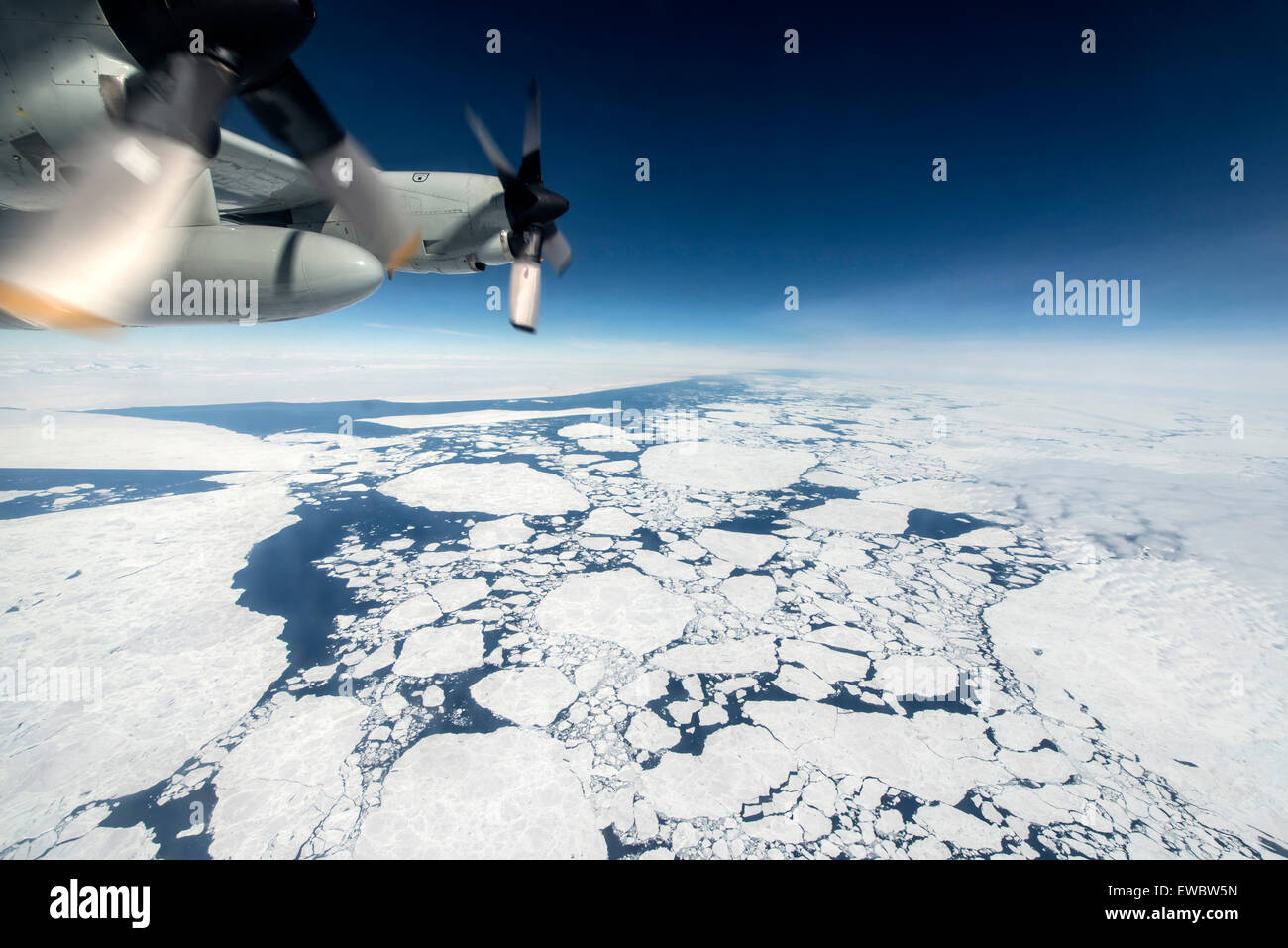 Aerial view of the pack ice off the coast of Antarctica in December 2013. Stock Photo