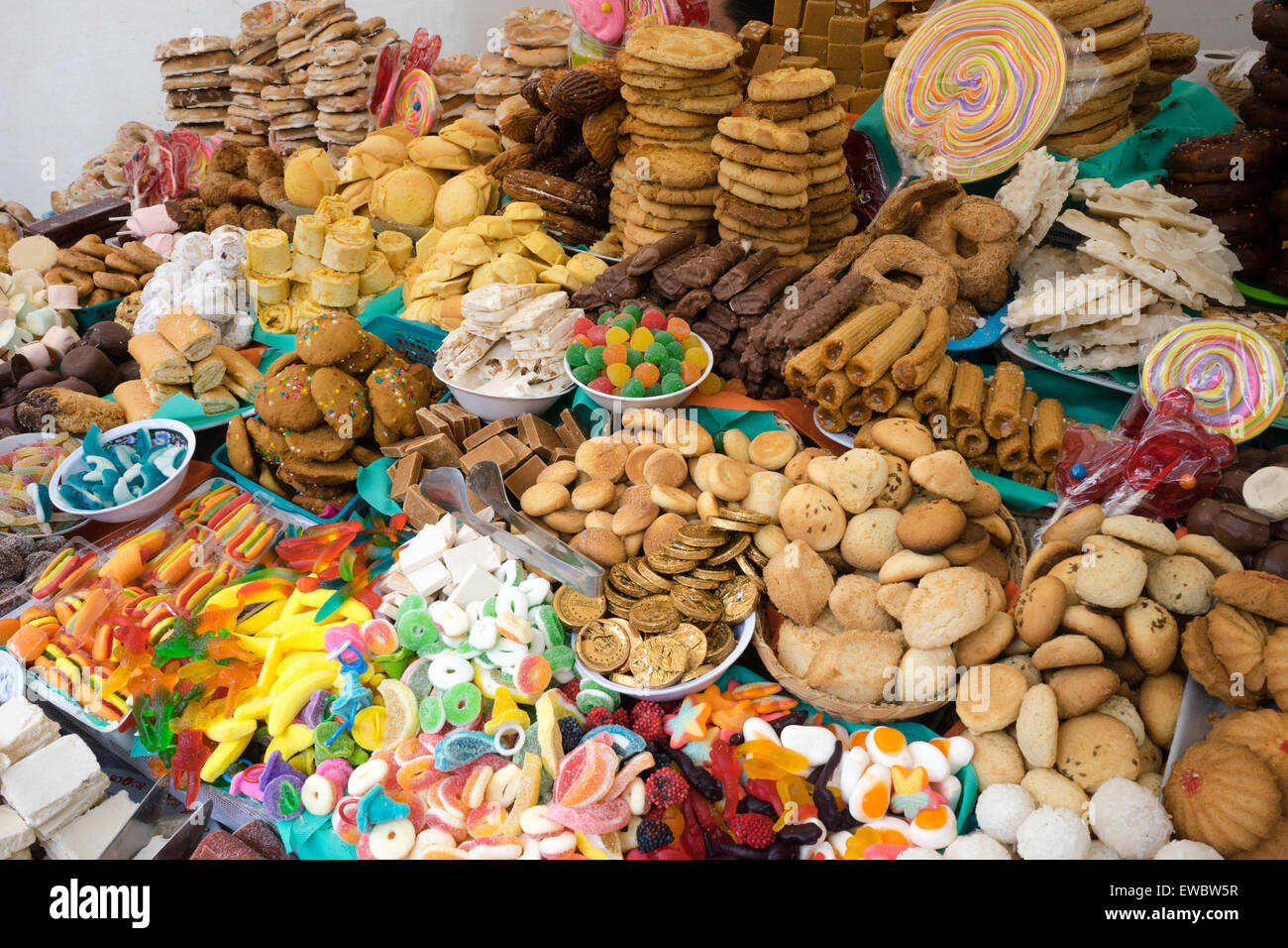 Piles of sweets and candies in front of the New Cathedral, Cuenca