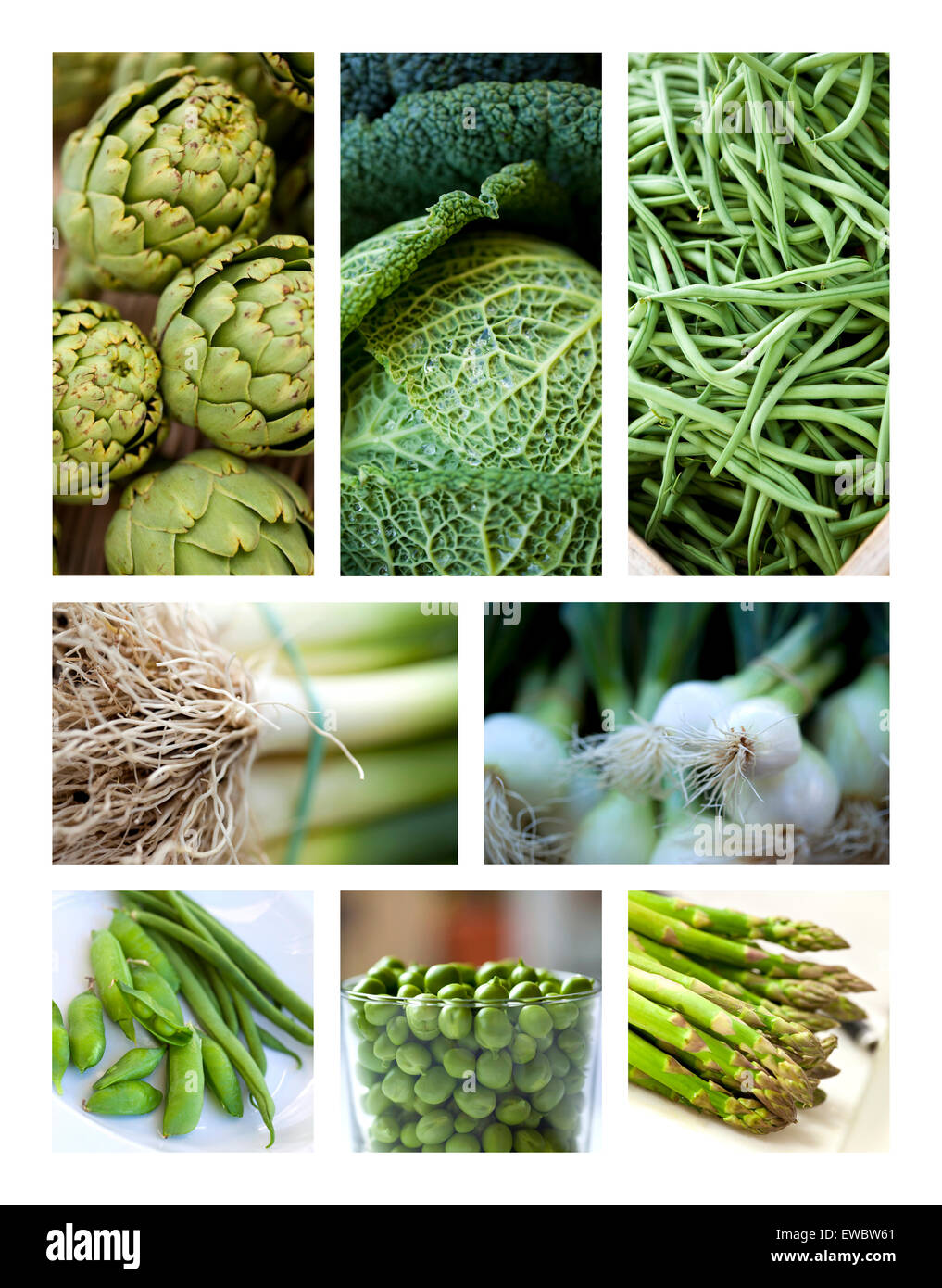 Collage of various green vegetables on a market stall Stock Photo