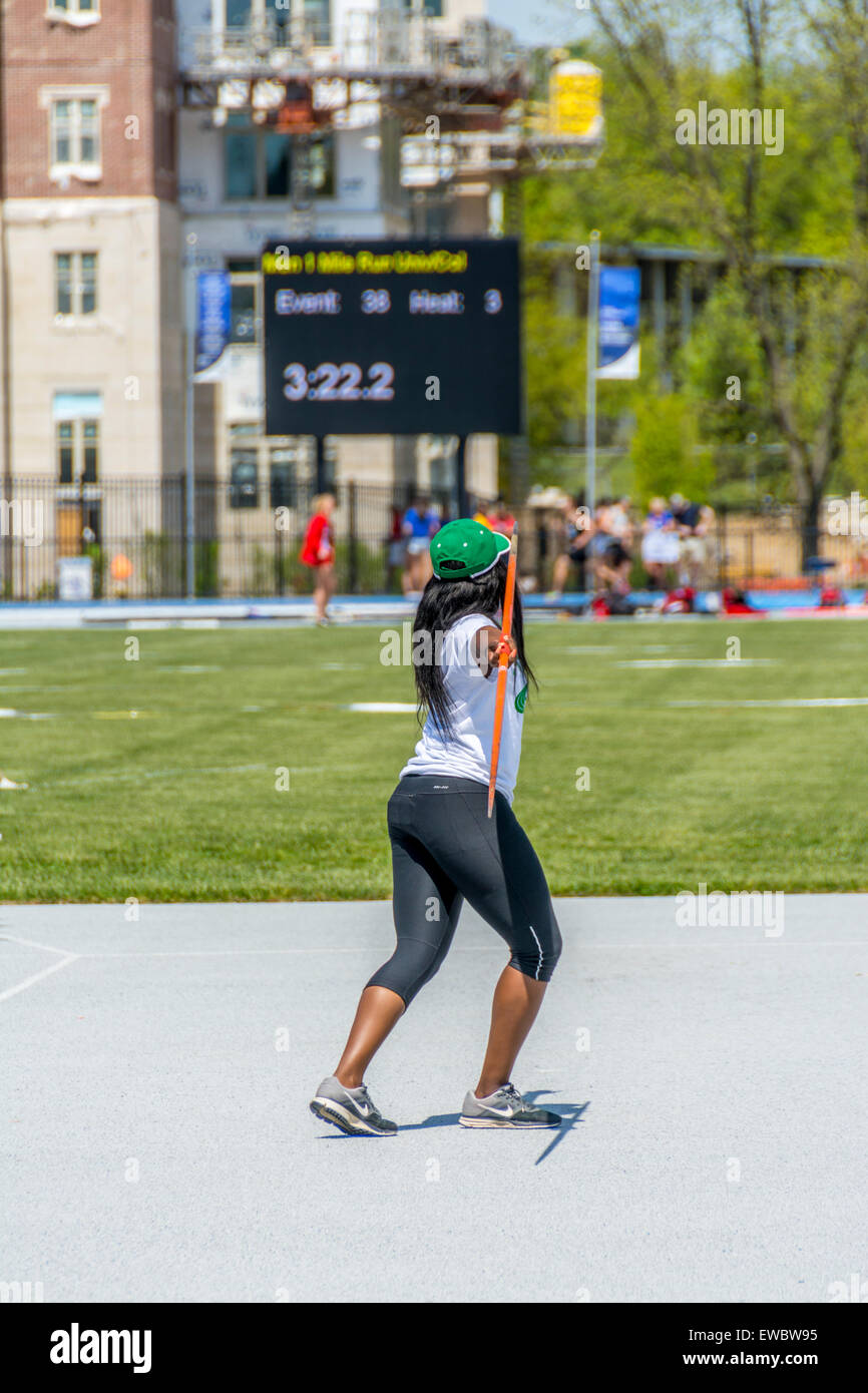 Javelin throw for women at the Kentucky Relays.  This was held at the University of Kentucky with outdoor track and field Stock Photo