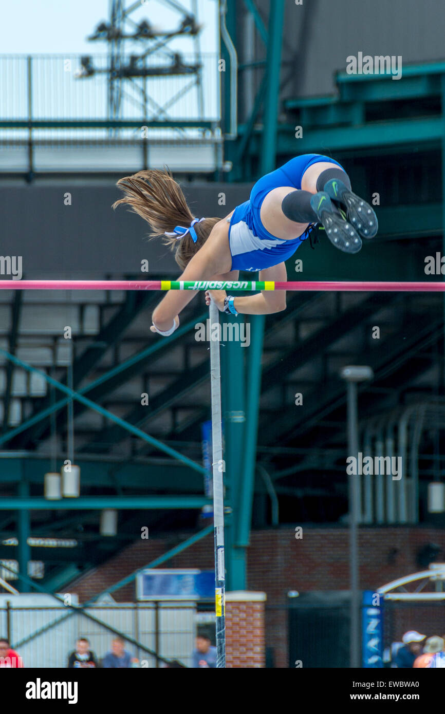 Pole vaulting for women at the Kentucky Relays.  This was held at the University of Kentucky with outdoor track and field Stock Photo