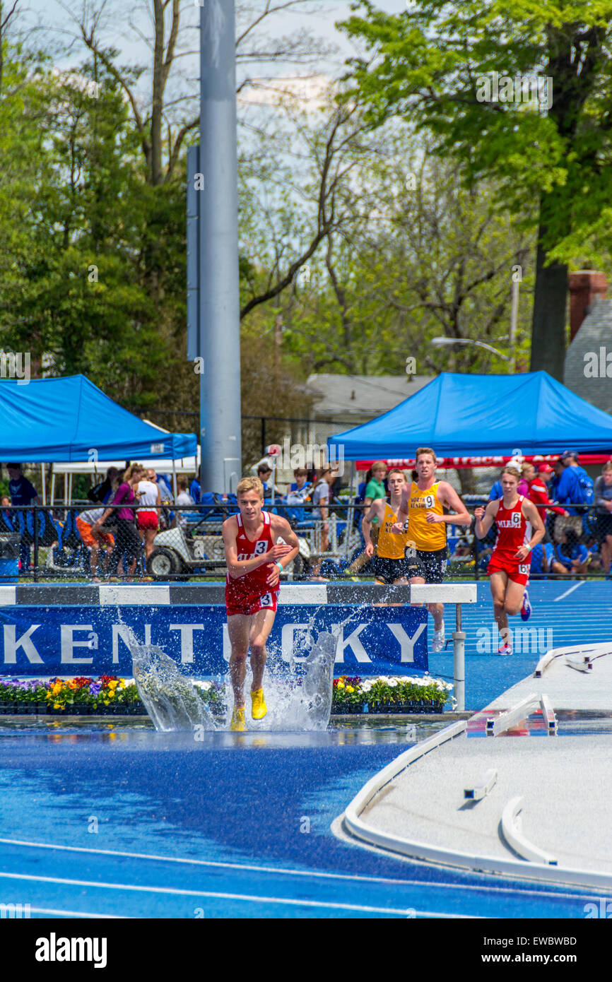 Steeplechase race men at the Kentucky Relays.  This was held at the University of Kentucky with outdoor track and field Stock Photo