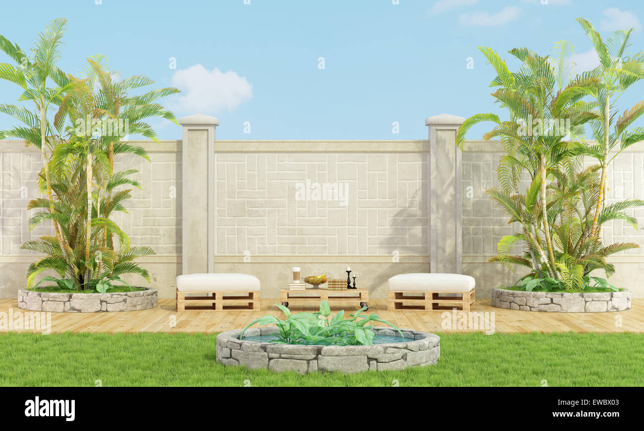 Elegant garden with tropical vegetation- 3D Rendering Stock Photo