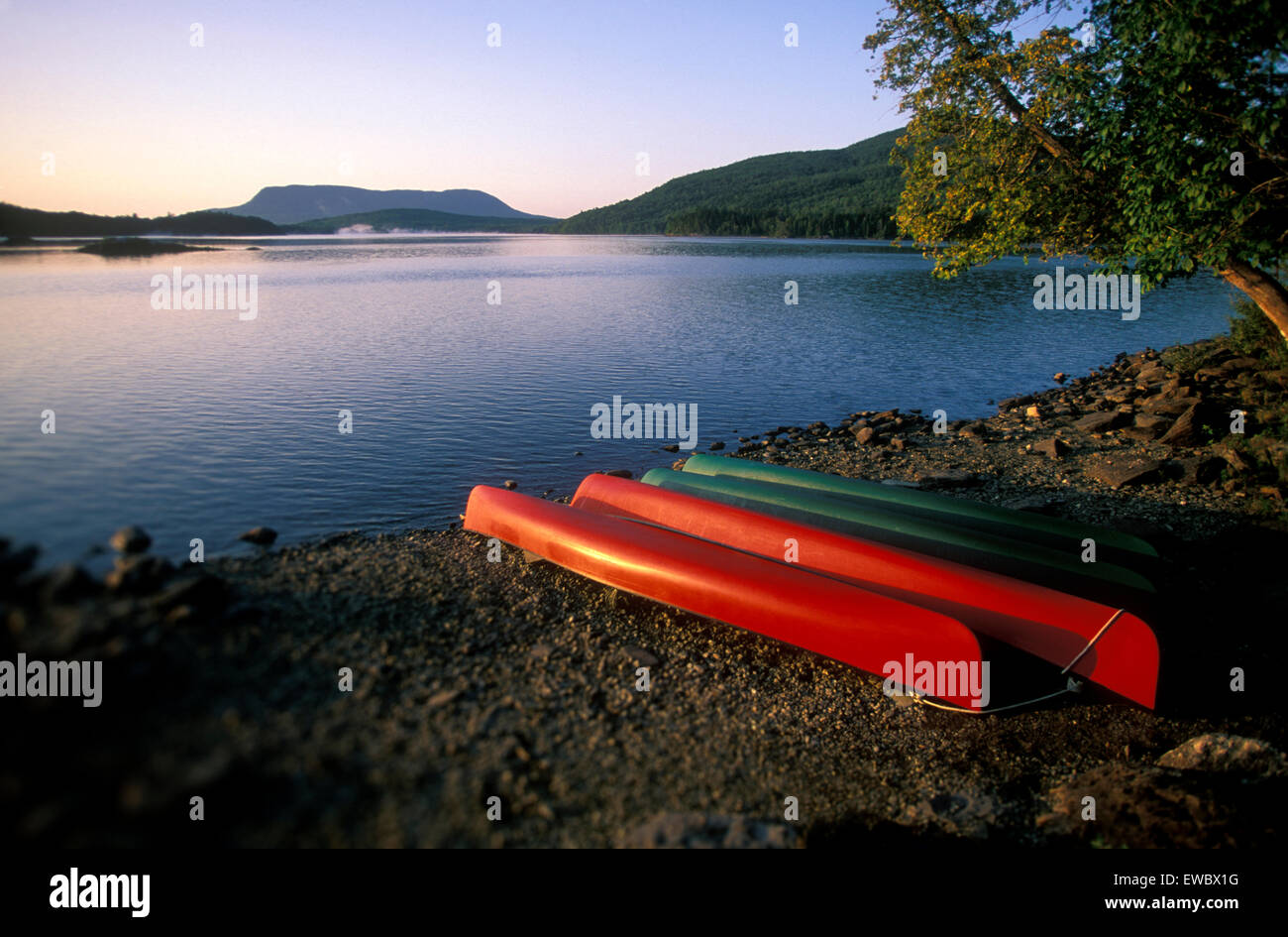 Canoes on Lobster Lake with Mount Katahdin in background, Maine Stock