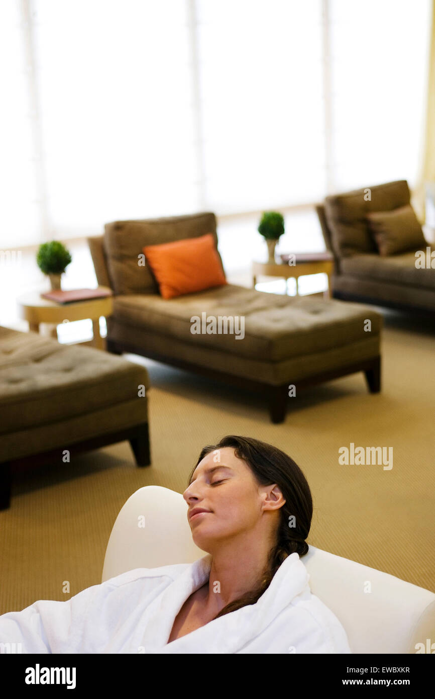 Woman relaxing at a spa, Stowe VT. Stock Photo