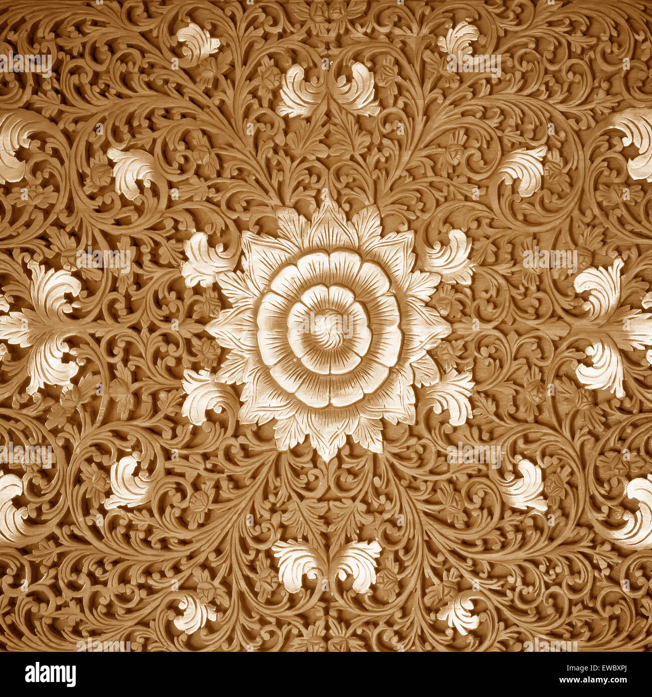 Wood carving brown floral pattern background texture Stock Photo - Alamy