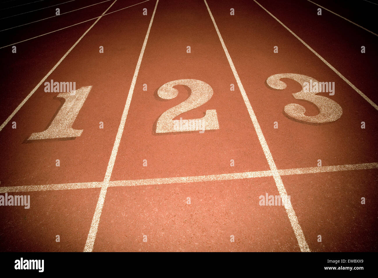 Numbered start line of a running race track in Toronto, Ontario Stock