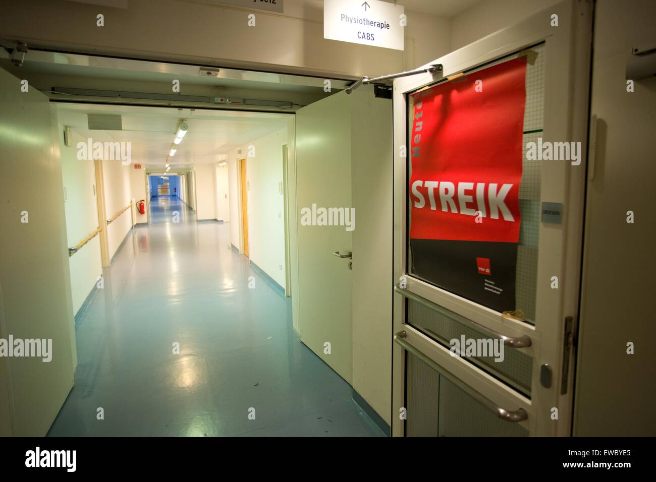 Berlin, Germany. 22nd June, 2015. Deserted hallways are pictured during an indefinite strike of nurses at the Charite hospital in Berlin, Germany, 22 June 2015. The employees are demanding improved work conditions. Photo: Joerg Carstensen/dpa/Alamy Live News Stock Photo