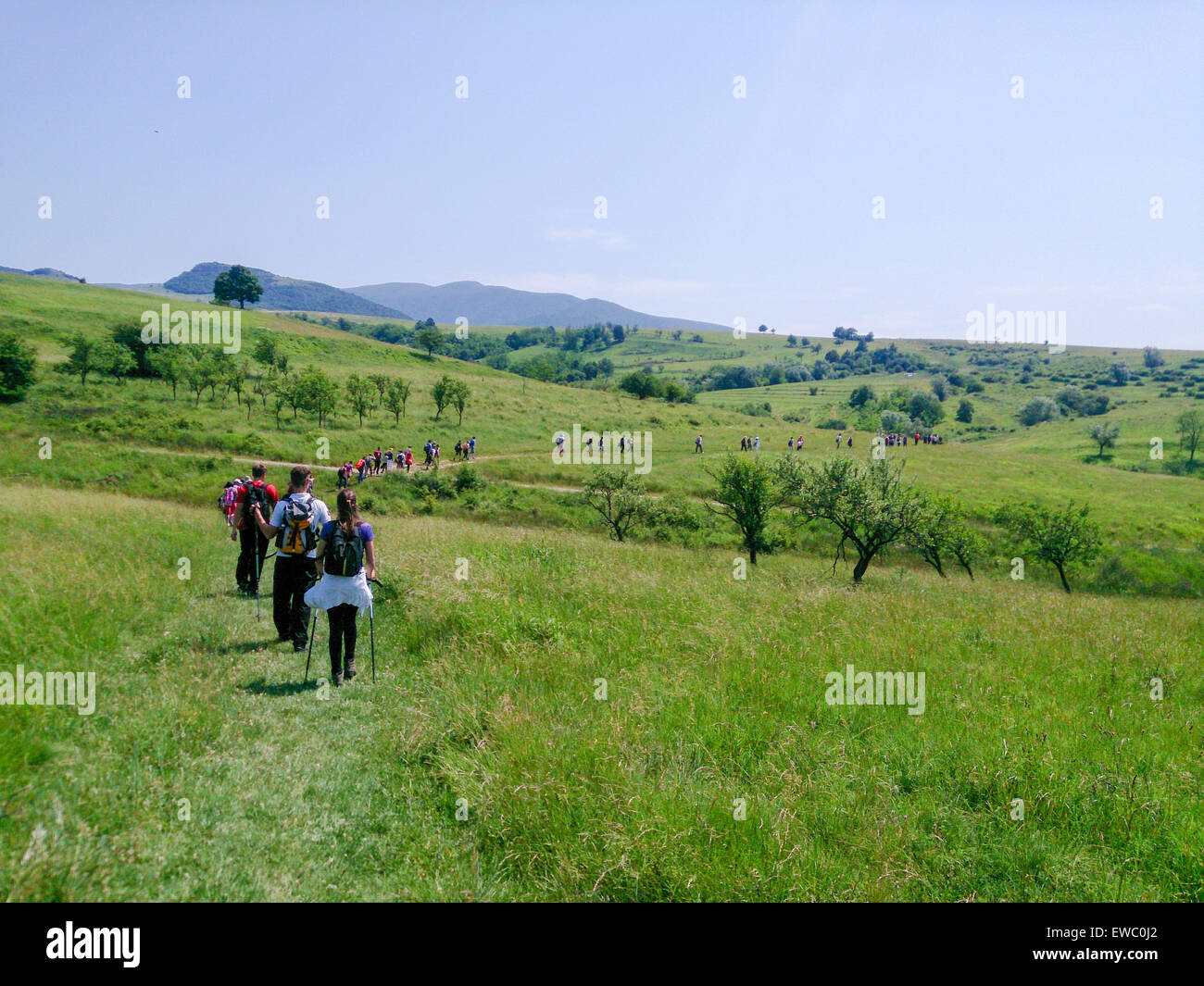 Cheile Nerei-Beusnita National Park, Romania - Jun 06, 2015. Healthy hikers people in nature hike. Beautiful young group of wome Stock Photo