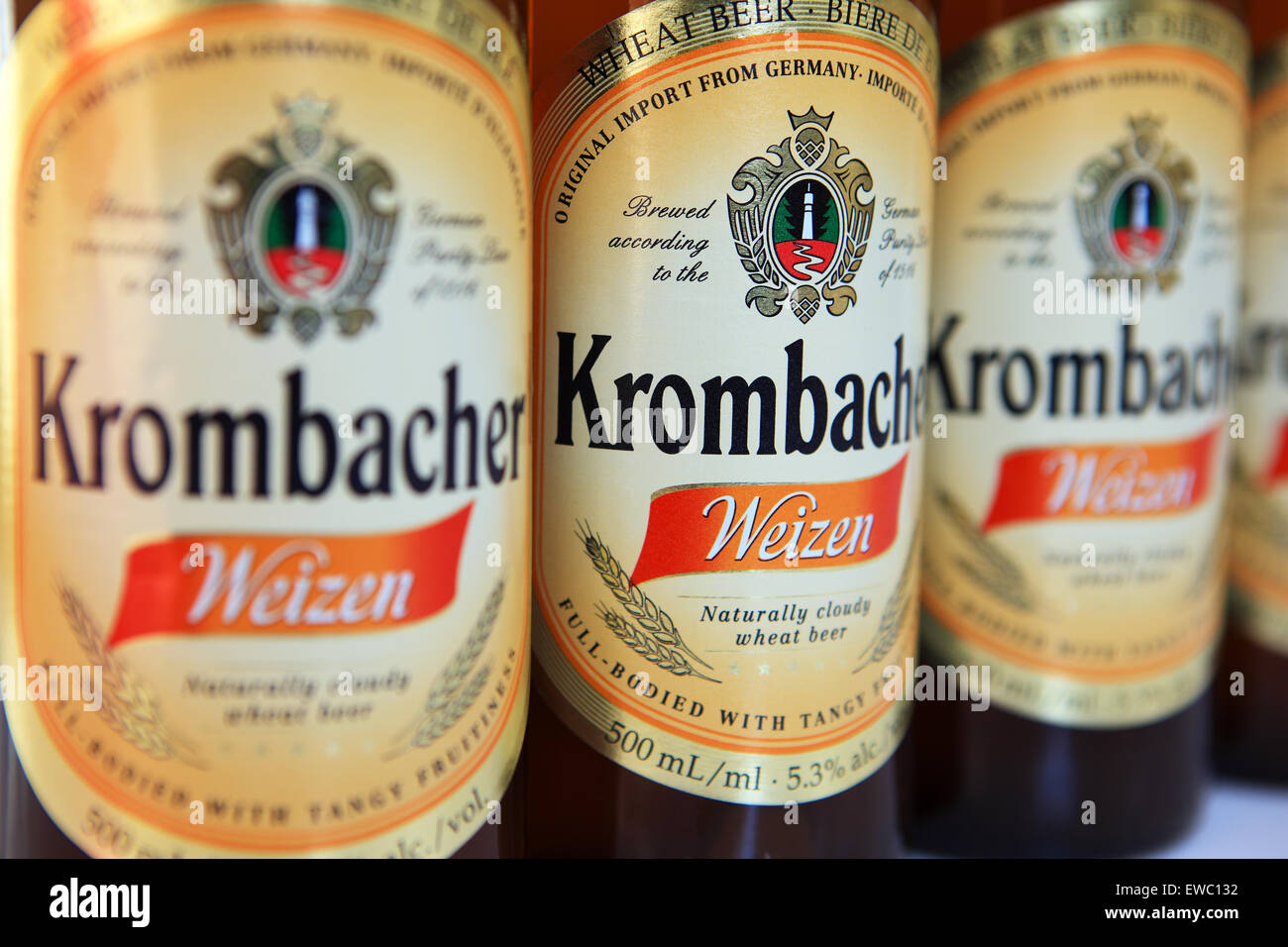 Bottles Krombacher German wheat beer Stock Photo