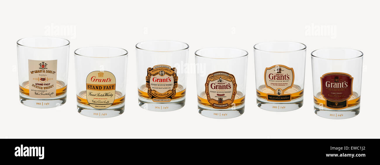 Grants whisky glasses, set of six showing the bottle labels Stock Photo