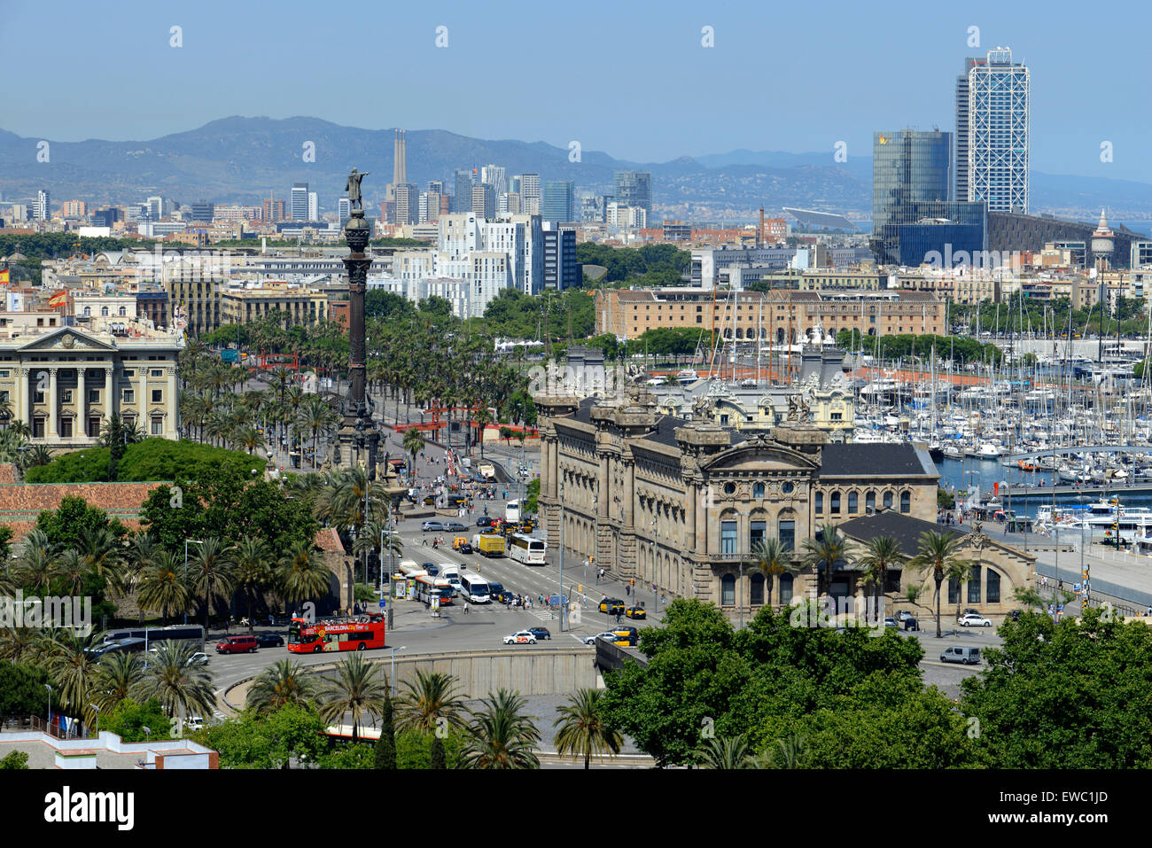 The Romantic route in Barcelona. Monjuic mountain.  View of Barcelona Colon and Harbour. Stock Photo