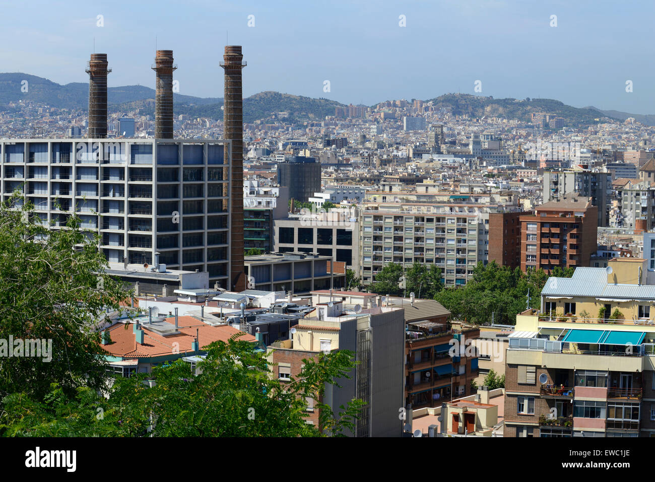 The Romantic route in Barcelona. Monjuic mountain.  View of Barcelona Paralelo street. Paralel buildings. Stock Photo